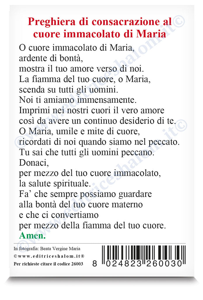 Santino Madonna frontale "Preghiera consacrazione al cuore immacolato di Maria"