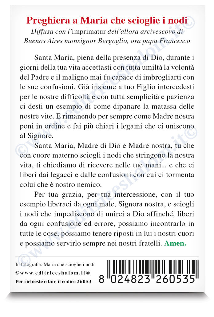 Santino Maria che scioglie i nodi. Sul retro preghiera