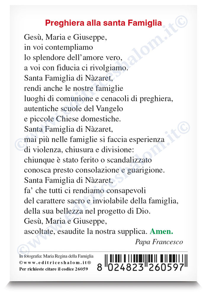 Santino Maria Regina della Famiglia a Ghiaie di Bonate, su retro "Preghiera alla Santa Famiglia".