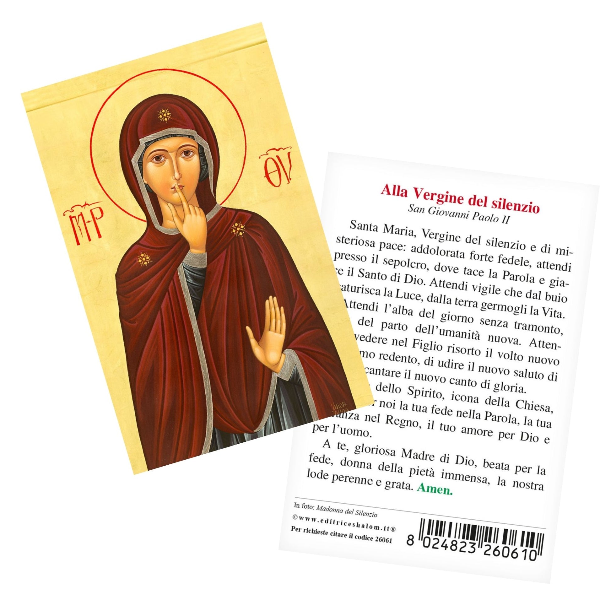 Santino Madonna del silenzio con retro preghiera "Alla Vergine del Silenzio"
