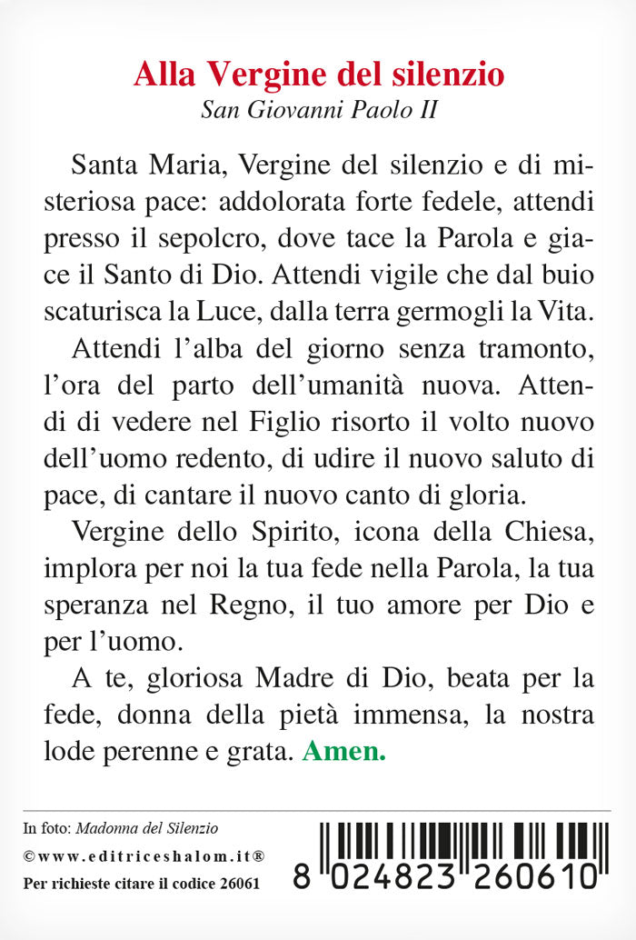 Santino Madonna del silenzio con retro preghiera "Alla Vergine del Silenzio"