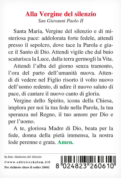 Santino Madonna del silenzio con retro preghiera "Alla Vergine del Silenzio"
