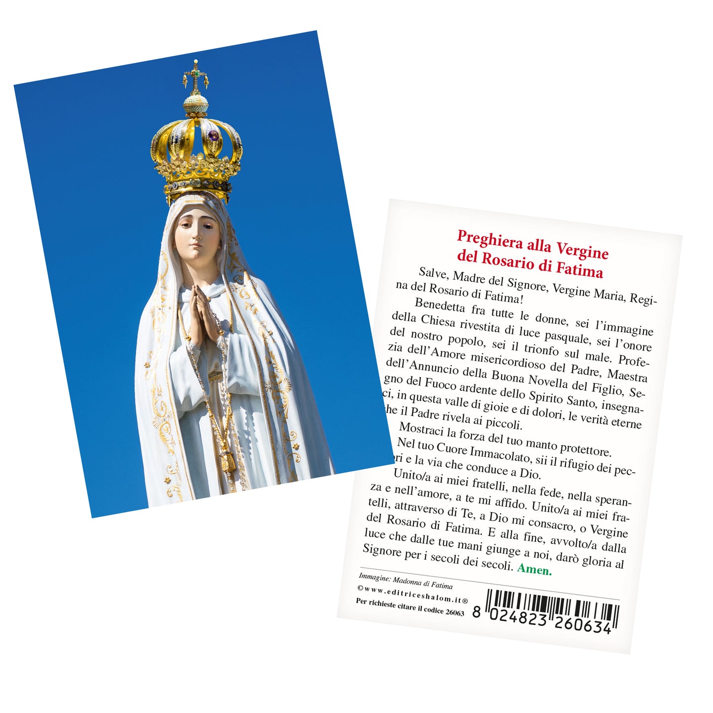 Santino Madonna di Fatima con retro "Preghiera alla Vergine del Rosario di Fatima"