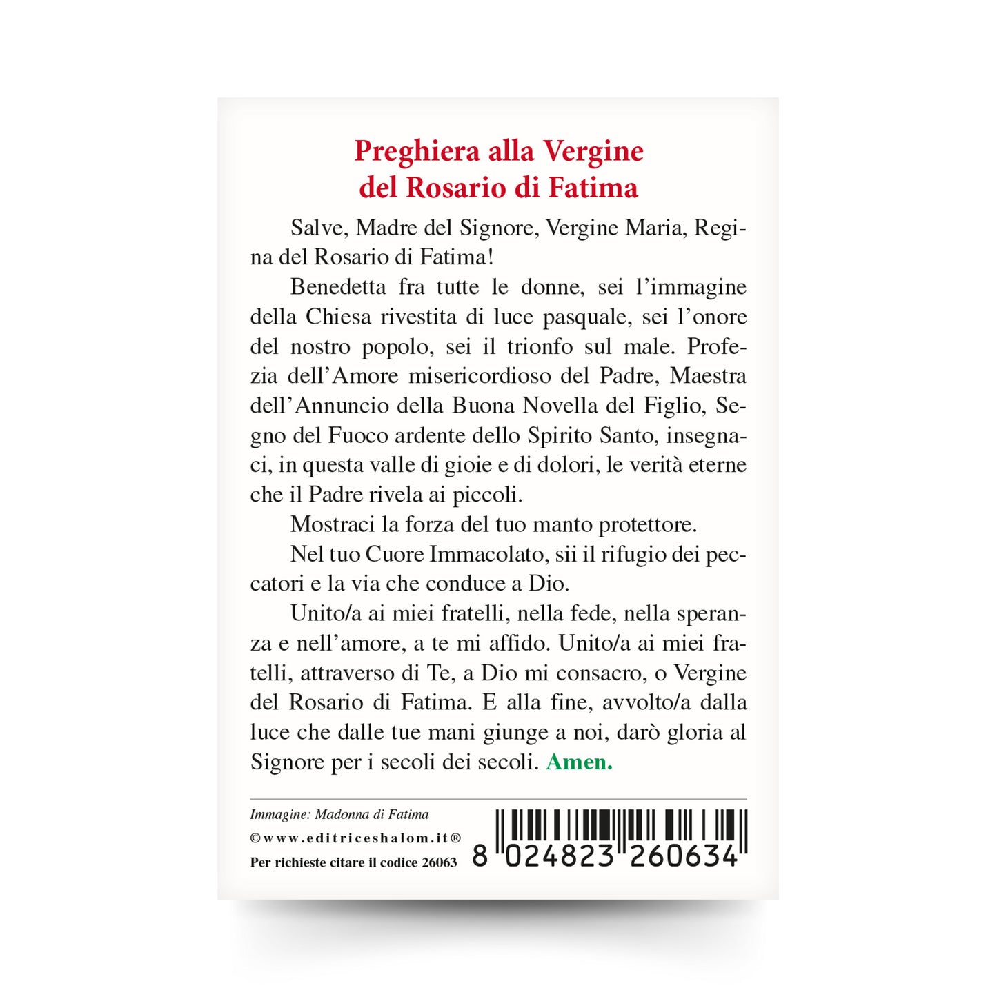 Santino Madonna di Fatima con retro "Preghiera alla Vergine del Rosario di Fatima"