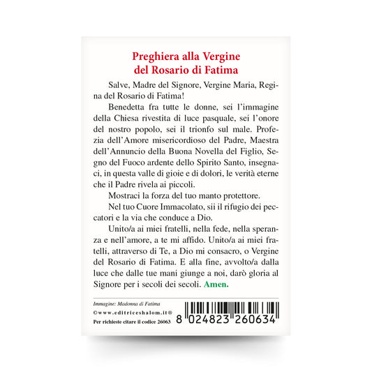 Santino Madonna di Fatima con retro "Preghiera alla Vergine del Rosario di Fatima"