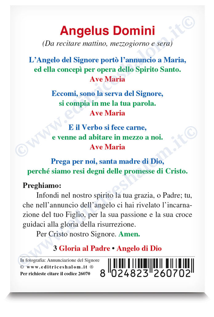 Santino annunciazione del Signore. Sul retro "Angelus Domini"
