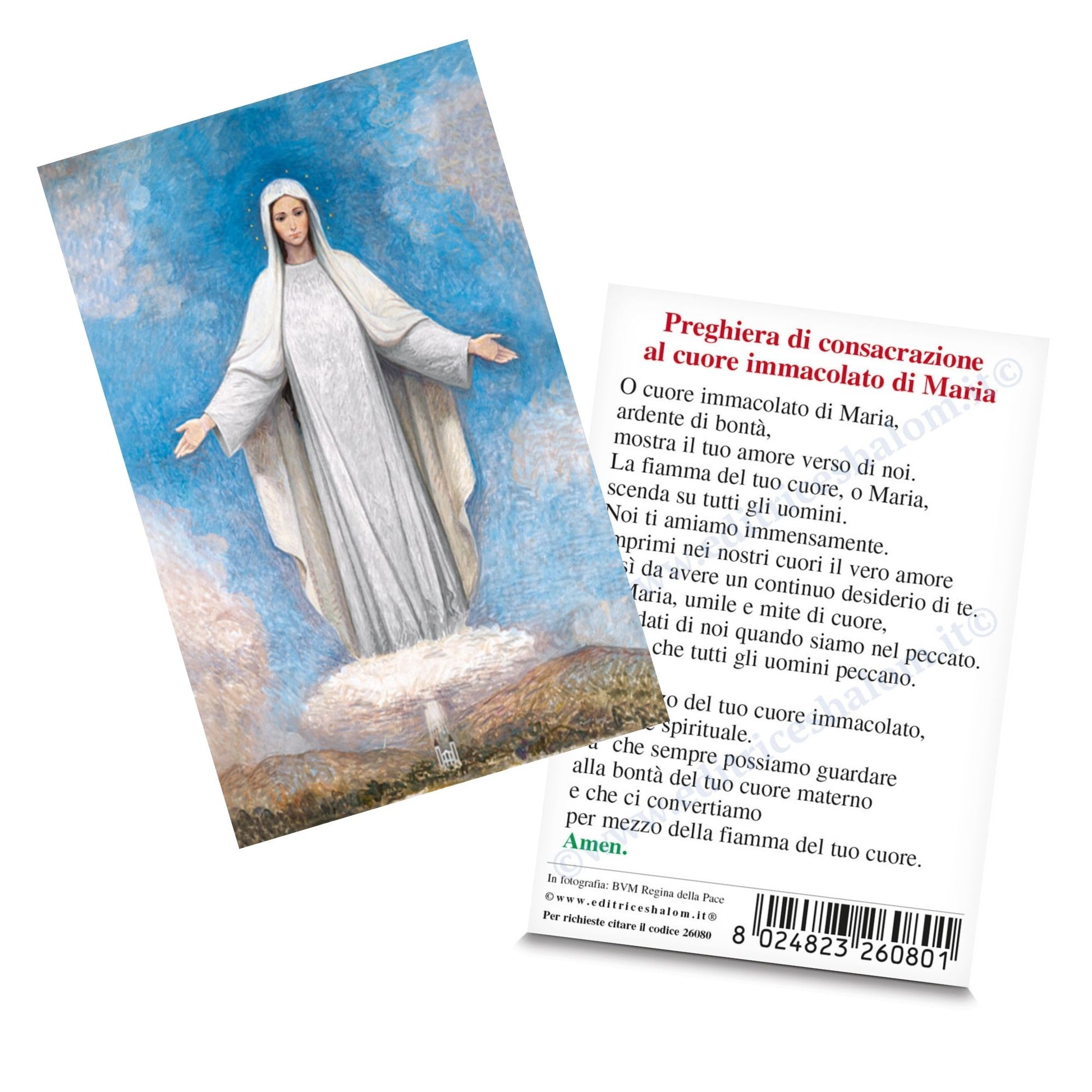 Santino Madonna di Medjugorje. Sul retro "Preghiera di consacrazione al cuore immacolato di Maria"