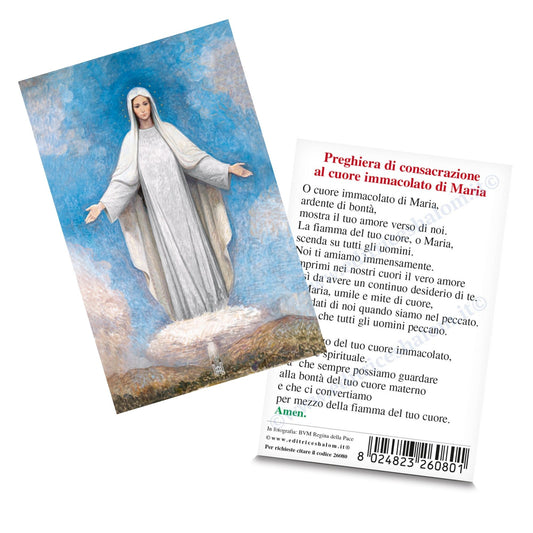 Santino Madonna di Medjugorje. Sul retro "Preghiera di consacrazione al cuore immacolato di Maria"