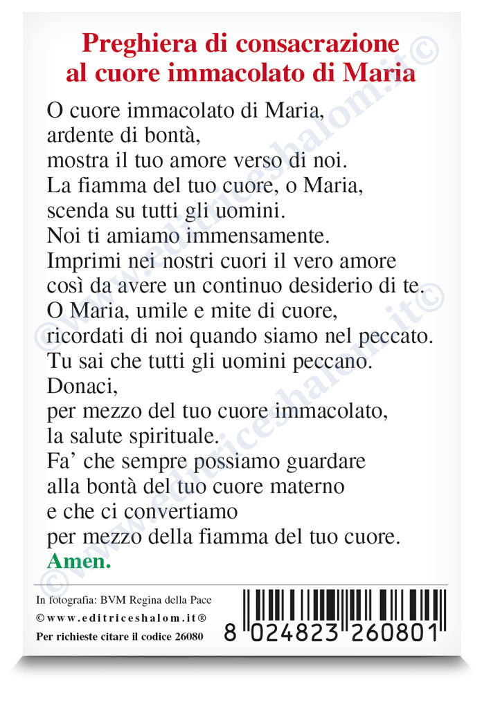 Santino Madonna di Medjugorje. Sul retro "Preghiera di consacrazione al cuore immacolato di Maria"