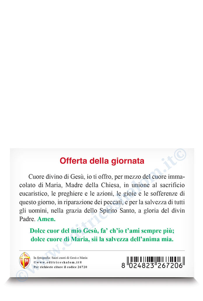 Santino sacri cuori di Gesù e Maria. Sul retro preghiera "Offerta della giornata".