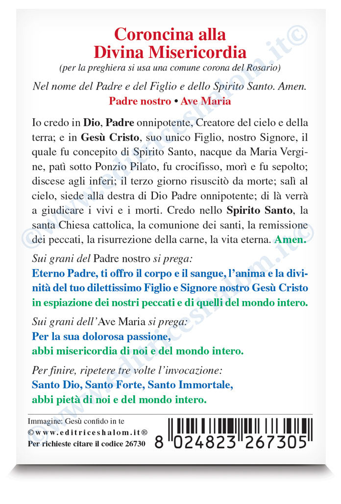 Santino Gesù confido in te. Sul retro "Coroncina divina misericordia"