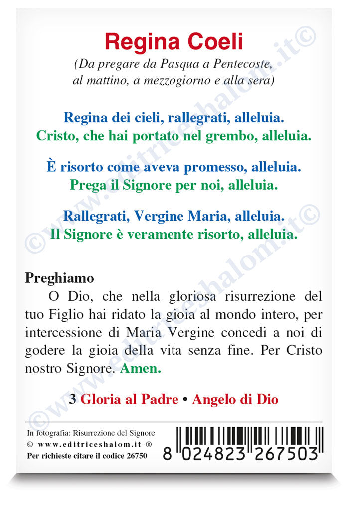 Santino risurrezione del Signore. Sul retro preghiera "Regina coeli"