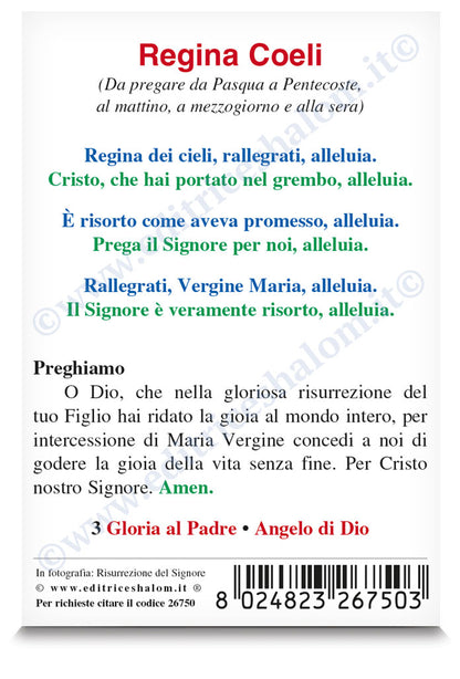 Santino risurrezione del Signore. Sul retro preghiera "Regina coeli"