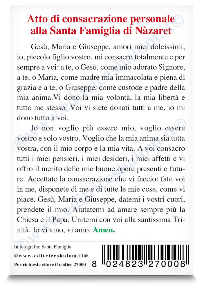 Santino santa Famiglia. Sul retro "Atto di consacrazione alla santa Famiglia"