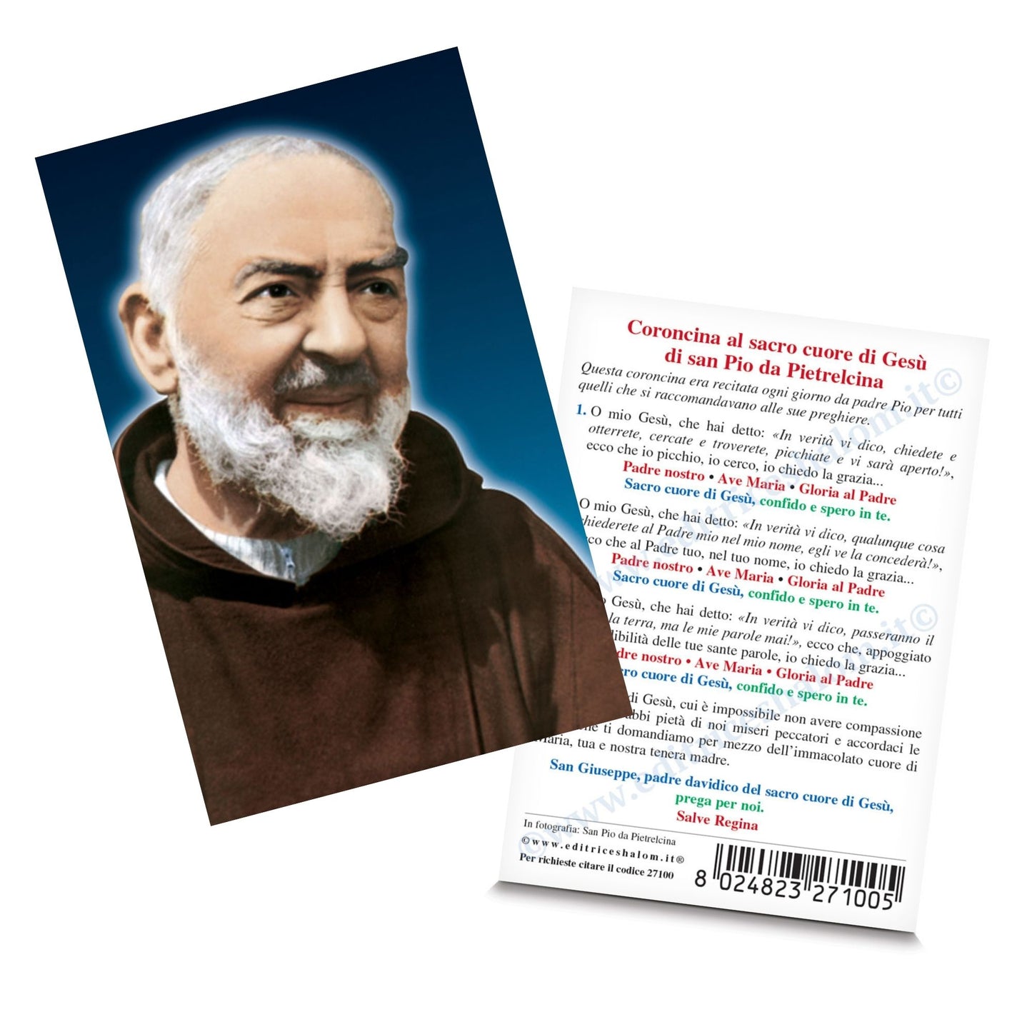 Santino san Pio. Sul retro "Coroncina Sacro Cuore di Gesù" di san Pio da Pietrelcina.