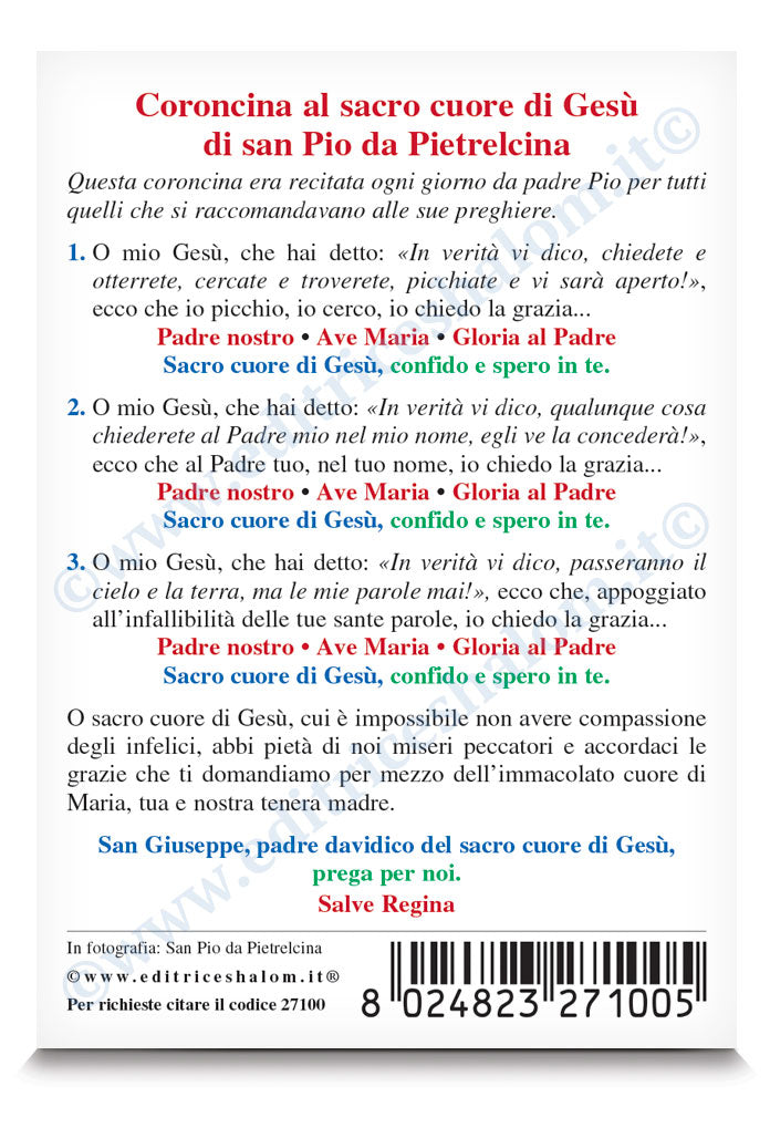 Santino san Pio. Sul retro "Coroncina Sacro Cuore di Gesù" di san Pio da Pietrelcina.
