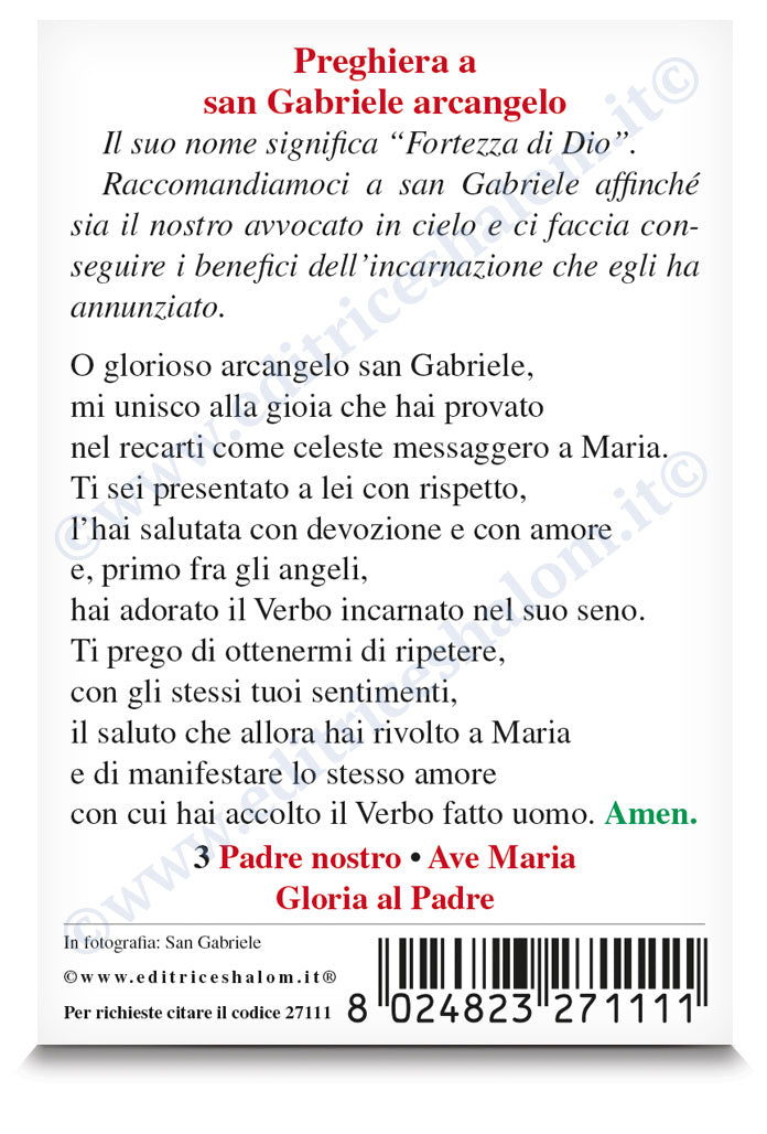 Santino san Gabriele. Sul retro "Preghiera a san Gabriele arcangelo"