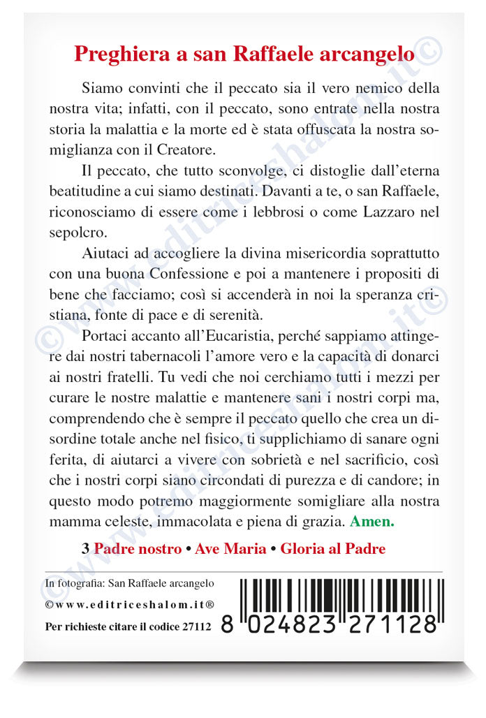 Santino san Raffaele. Sul retro  "Preghiera a san Raffaele arcangelo".