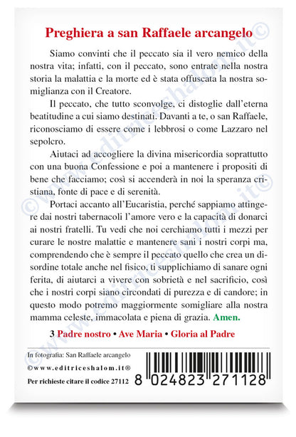 Santino san Raffaele. Sul retro  "Preghiera a san Raffaele arcangelo".