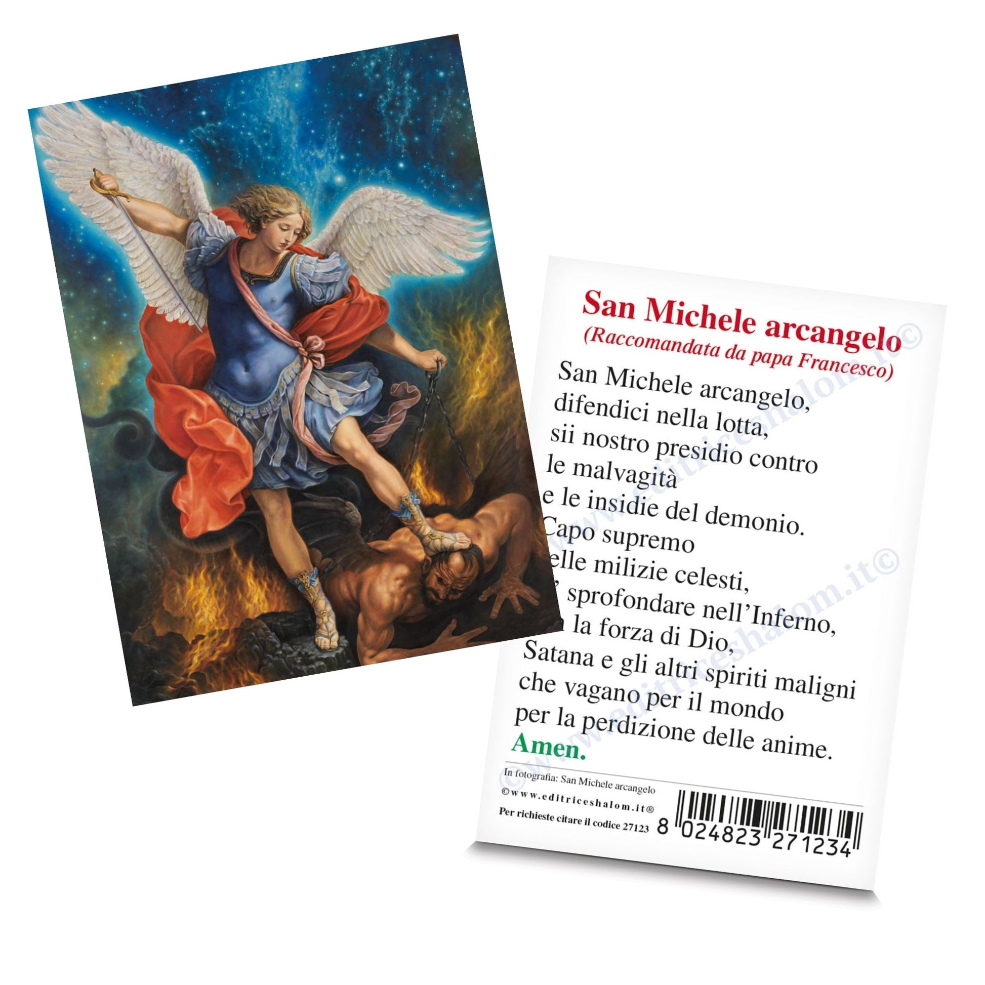 Santino San Michele Arcangelo. Sul retro "Preghiera a San Michele", raccomandata da Papa Francesco.