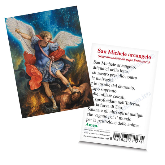 Santino San Michele Arcangelo. Sul retro "Preghiera a San Michele", raccomandata da Papa Francesco.