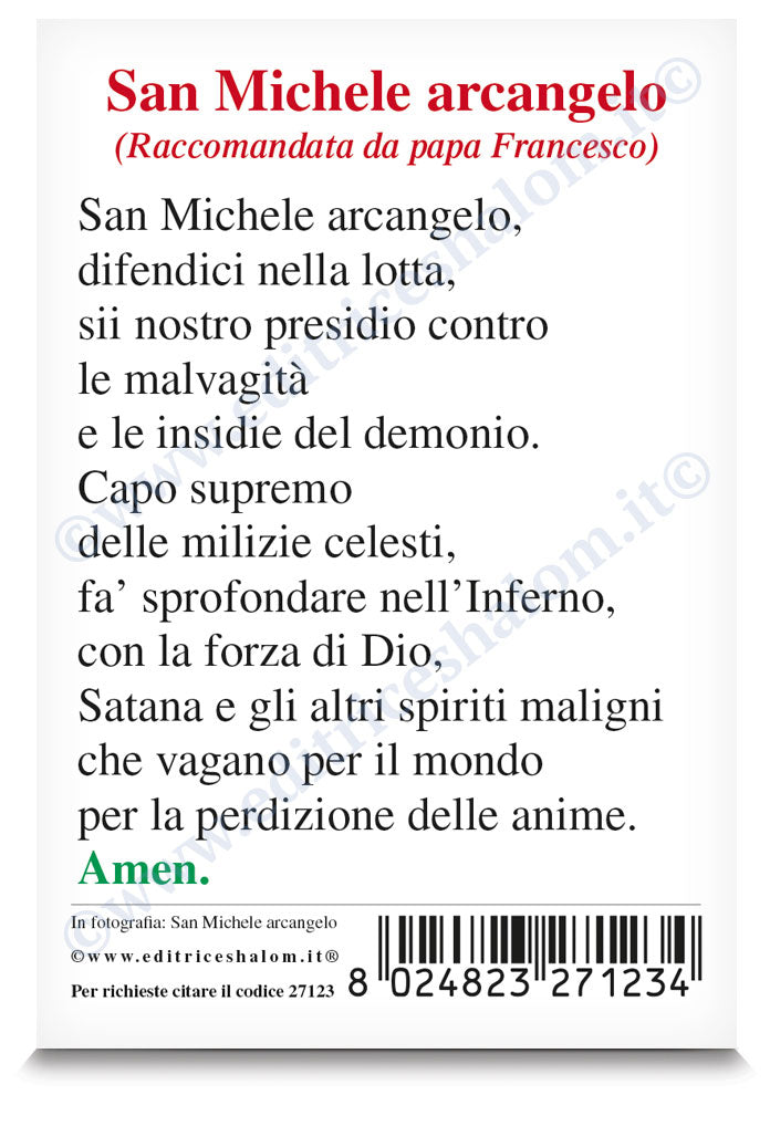 Santino San Michele Arcangelo. Sul retro "Preghiera a San Michele", raccomandata da Papa Francesco.