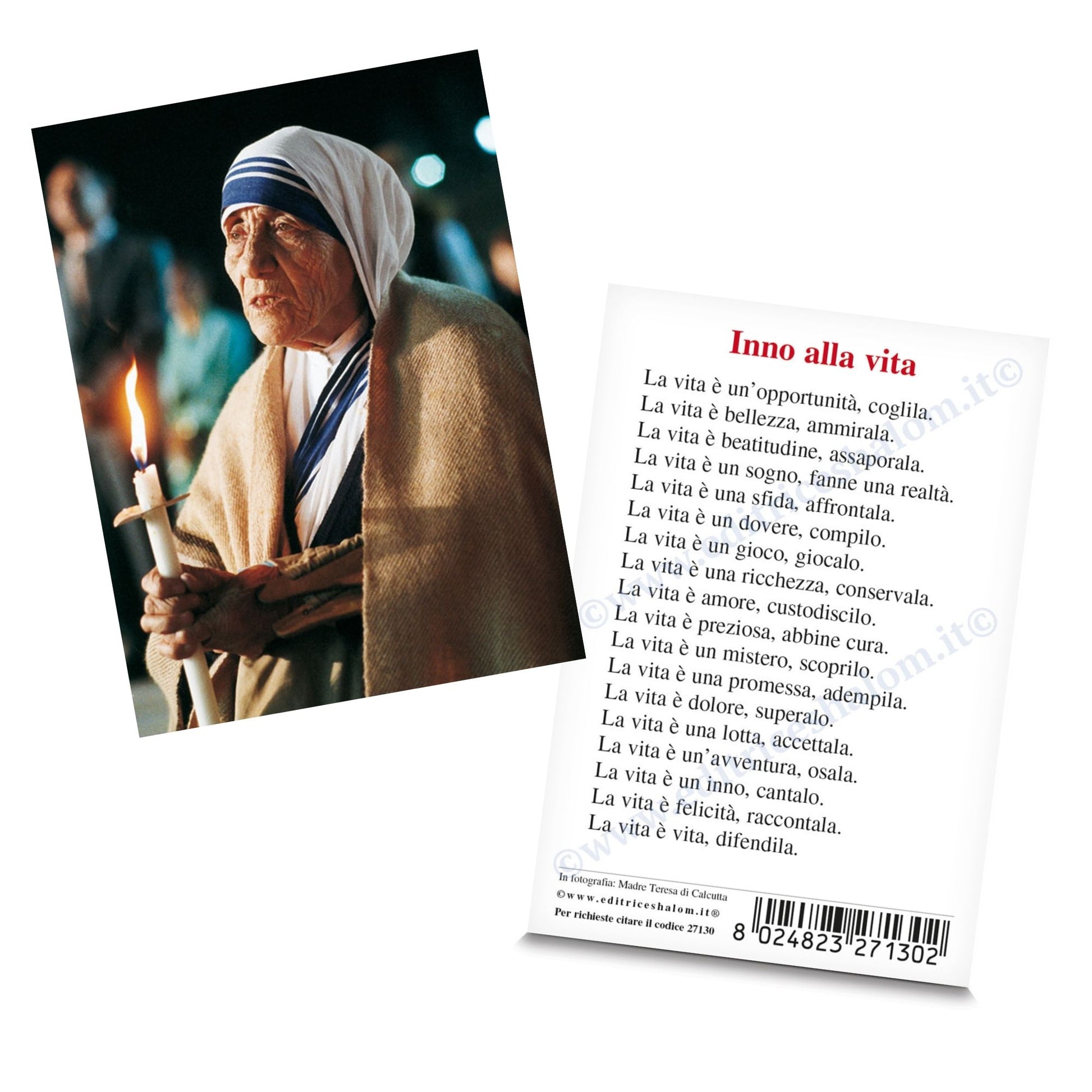 Santino madre Teresa di Calcutta. Sul retro "Preghiera inno alla vita"
