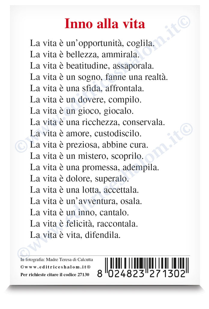 Santino madre Teresa di Calcutta. Sul retro "Preghiera inno alla vita"