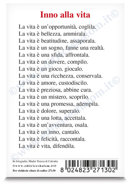 Santino madre Teresa di Calcutta. Sul retro "Preghiera inno alla vita"