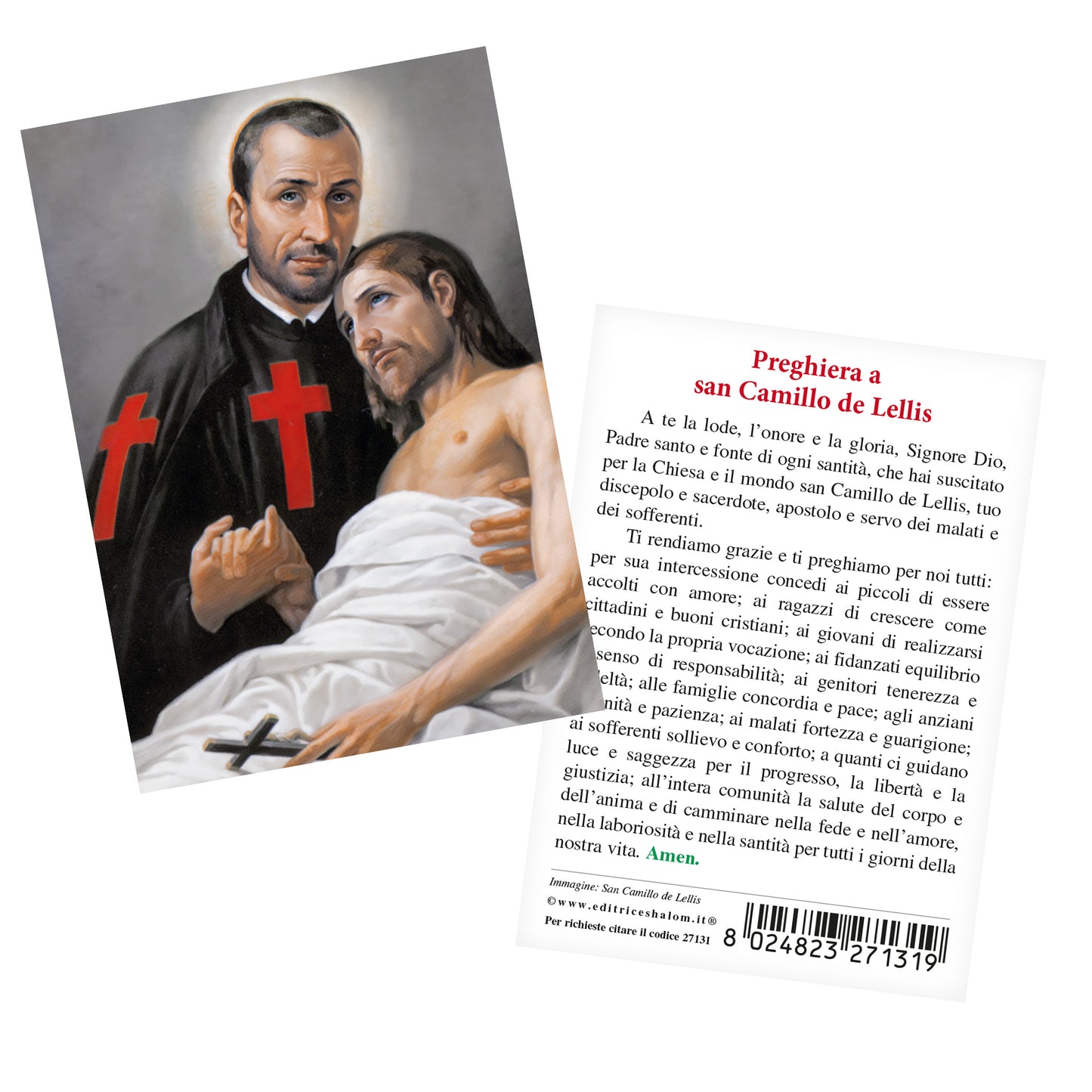 Santino san Camillo de Lellis con retro "Preghiera a san Camillo de Lellis"