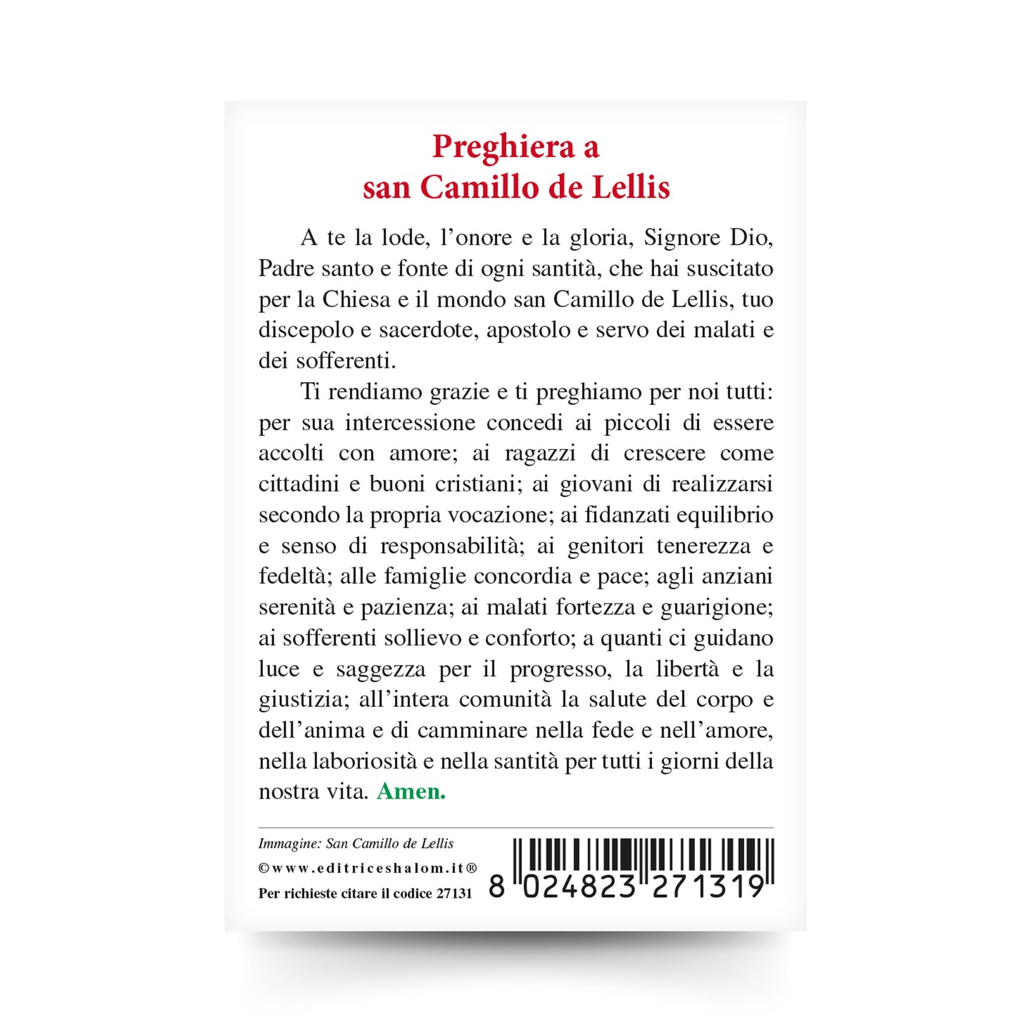 Santino san Camillo de Lellis con retro "Preghiera a san Camillo de Lellis"
