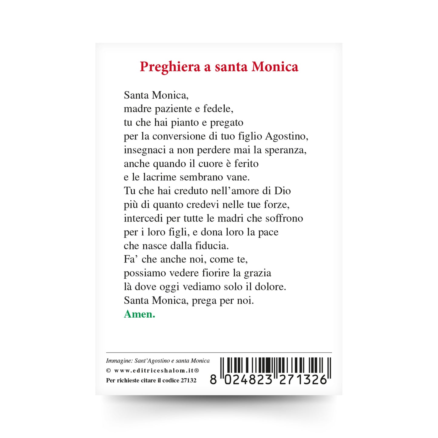 Santino sant'Agostino e santa Monica con retro "Preghiera a santa Monica"