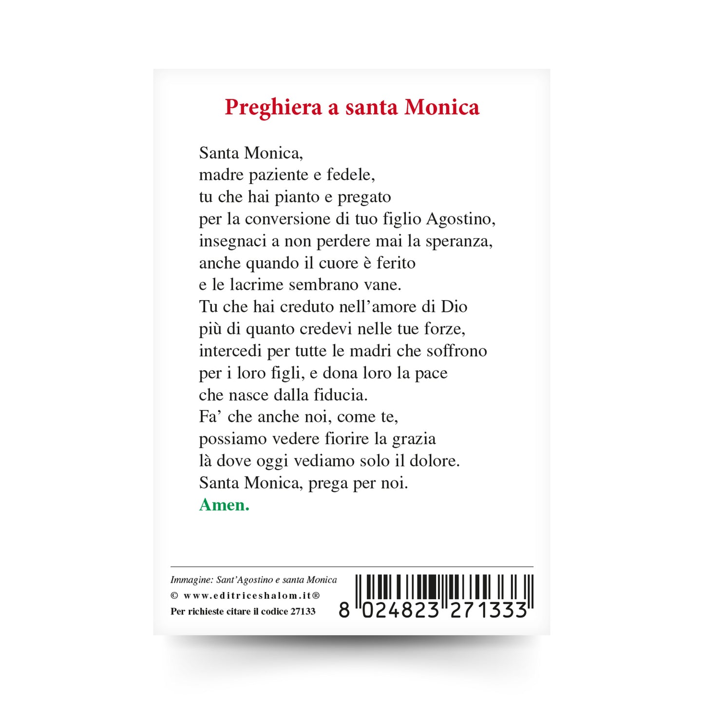 Santino sant'Agostino e santa Monica con retro "Preghiera a santa Monica"