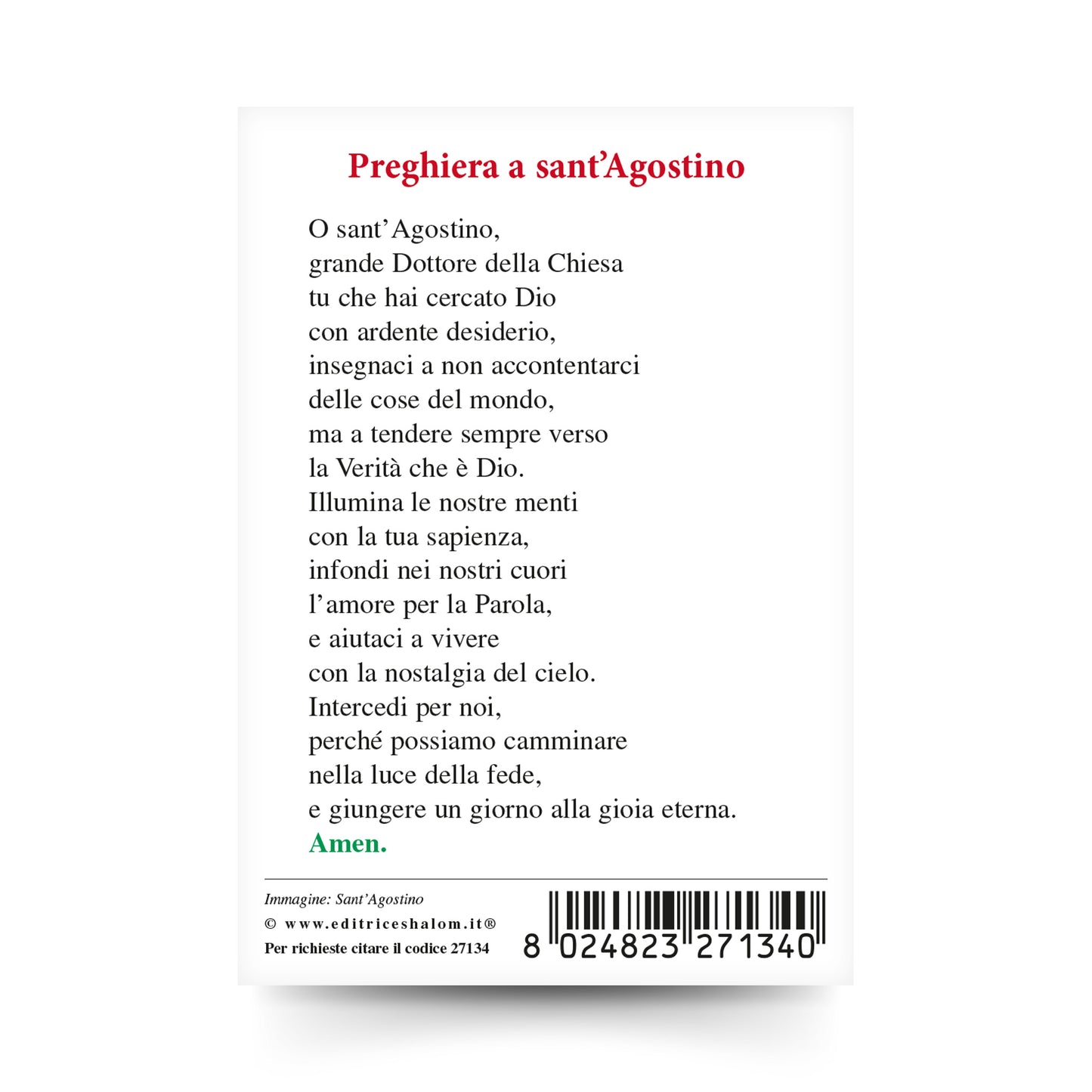 Santino sant'Agostino con retro "Preghiera a sant'Agostino"