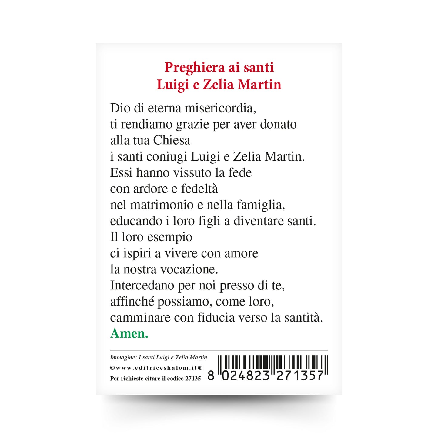 Santino santi Luigii e Zelia Martin con retro preghiera