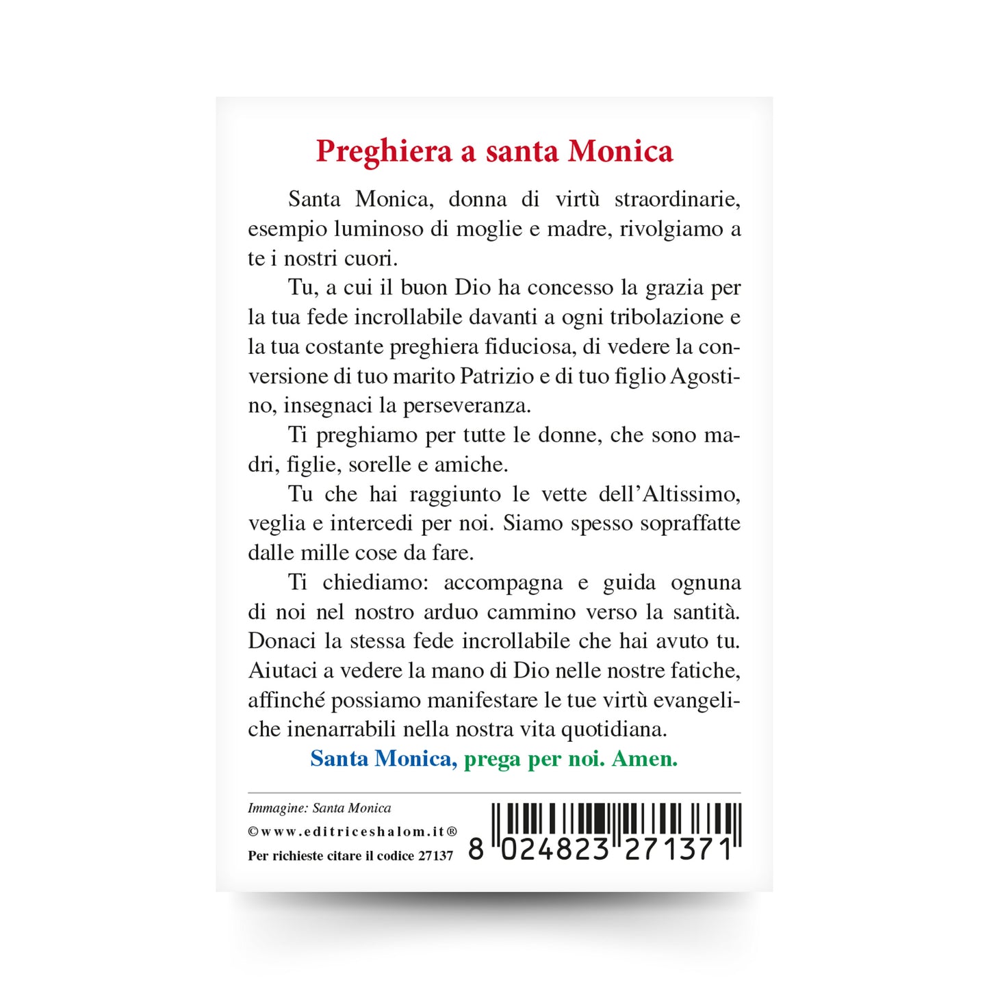 Santino santa Monica con retro "Preghiera a santa Monica"