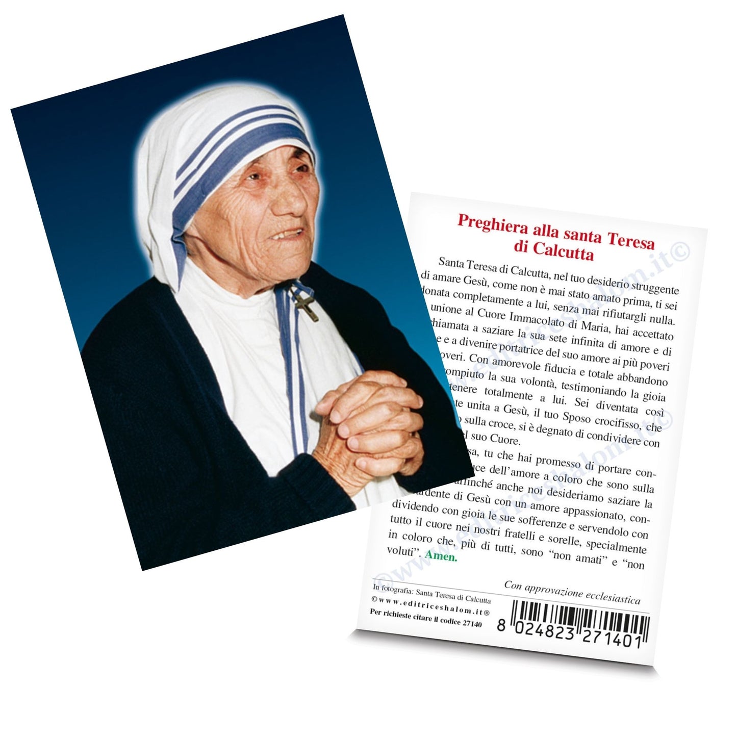 Santino madre Teresa mani giunte. Sul retro "Preghiera a santa madre Teresa di Calcutta"