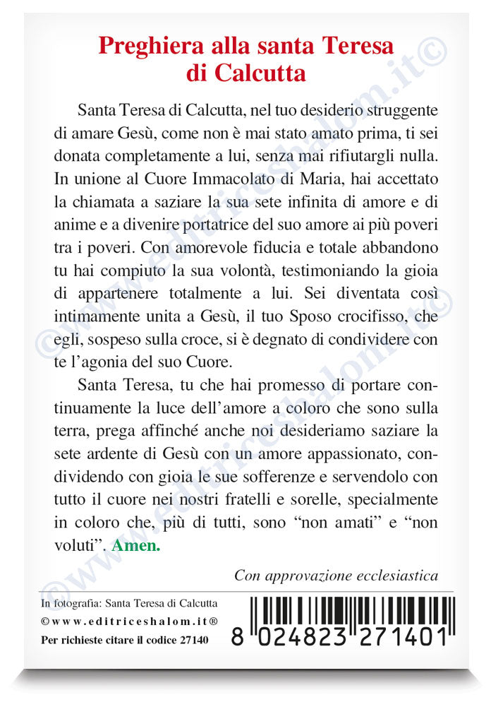 Santino madre Teresa mani giunte. Sul retro "Preghiera a santa madre Teresa di Calcutta"