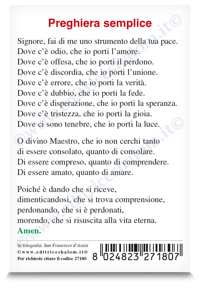 Santino san Francesco d'Assisi. Sul retro "Preghera semplice".