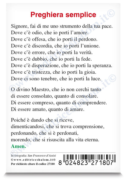 Santino san Francesco d'Assisi. Sul retro "Preghera semplice".