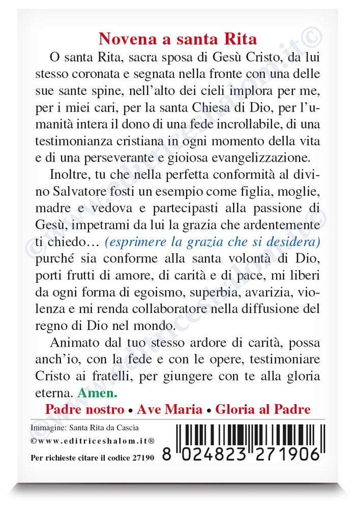 Santino santa Rita da Cascia. Sul retro "Novena a santa Rita"
