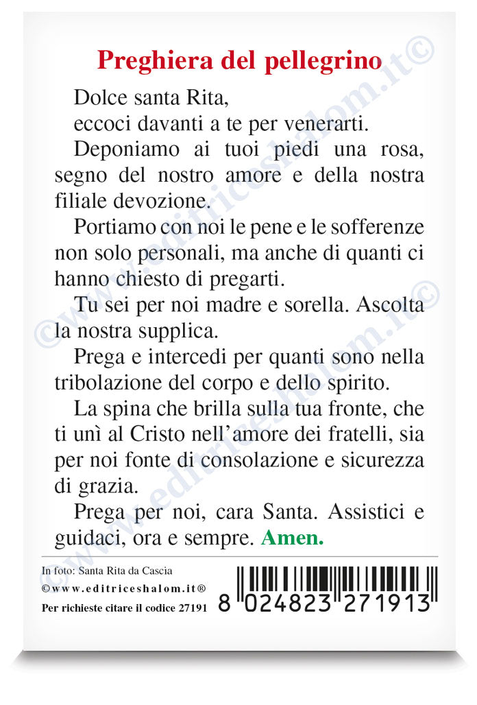 Santino santa Rita da Cascia. Sul retro "Preghiera del pellegrino"