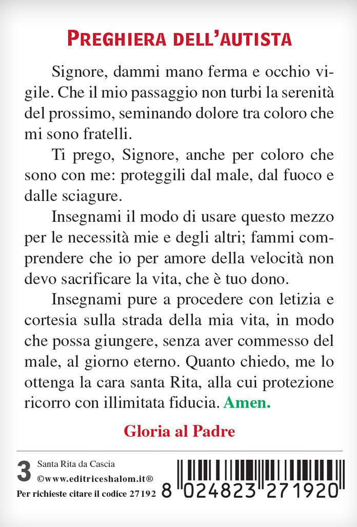Santino santa Rita da Cascia. Sul retro "Preghiera dell'autista"