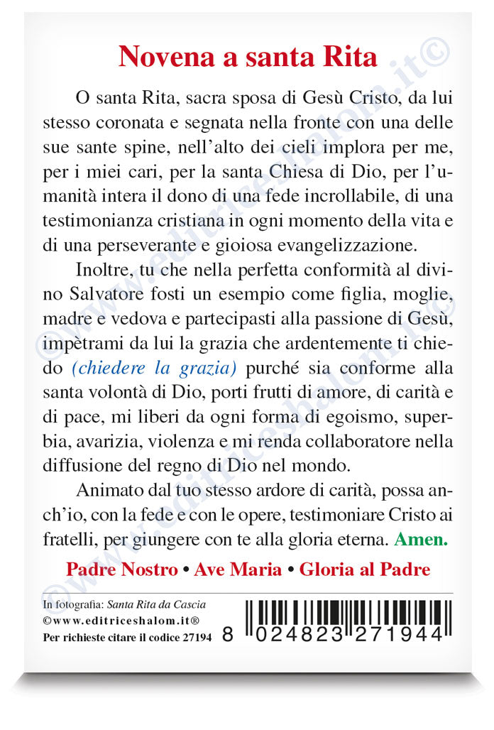 Santino santa Rita da Cascia. Sul retro "Novena a santa Rita"