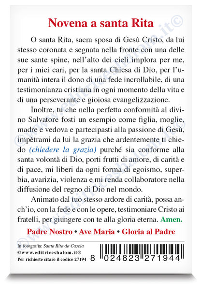 Santino santa Rita da Cascia. Sul retro "Novena a santa Rita"