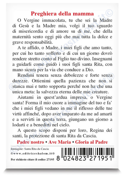 Santino santa Rita da Cascia. Sul retro "Preghiera della mamma"
