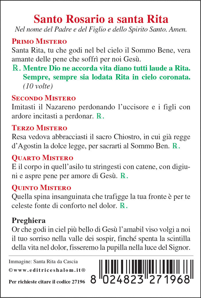 Santino santa Rita da Cascia. Sul retro "Santo Rosario a santa Rita"