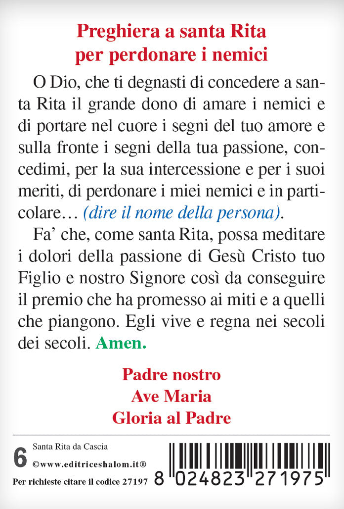Santino santa Rita con retro "Preghiera a santa Rita per perdonare i nemici"