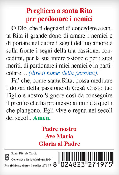 Santino santa Rita con retro "Preghiera a santa Rita per perdonare i nemici"