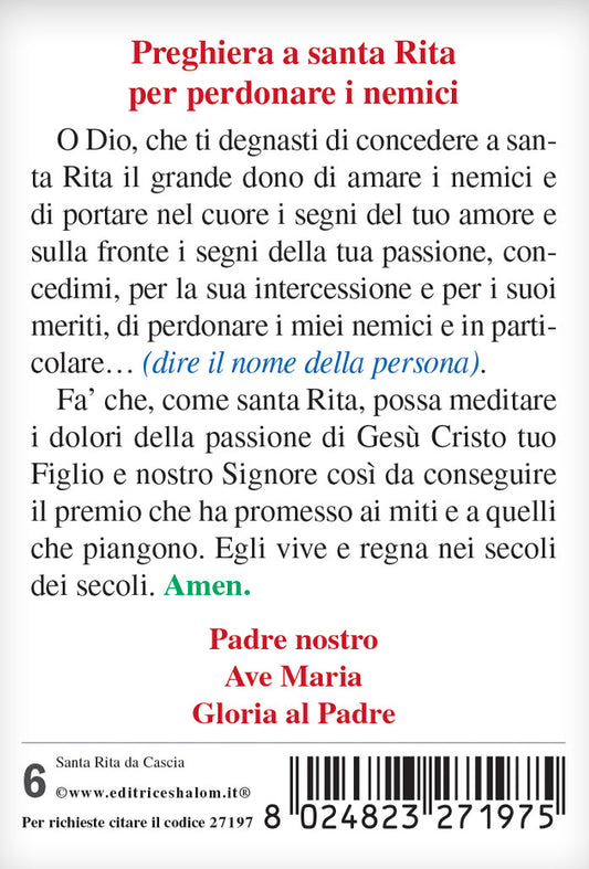 Santino santa Rita con retro "Preghiera a santa Rita per perdonare i nemici"